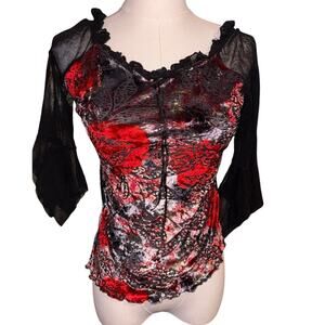 EURO Y2K London Asymmetrical Top Mesh and Velvet Print Top Sz Medium